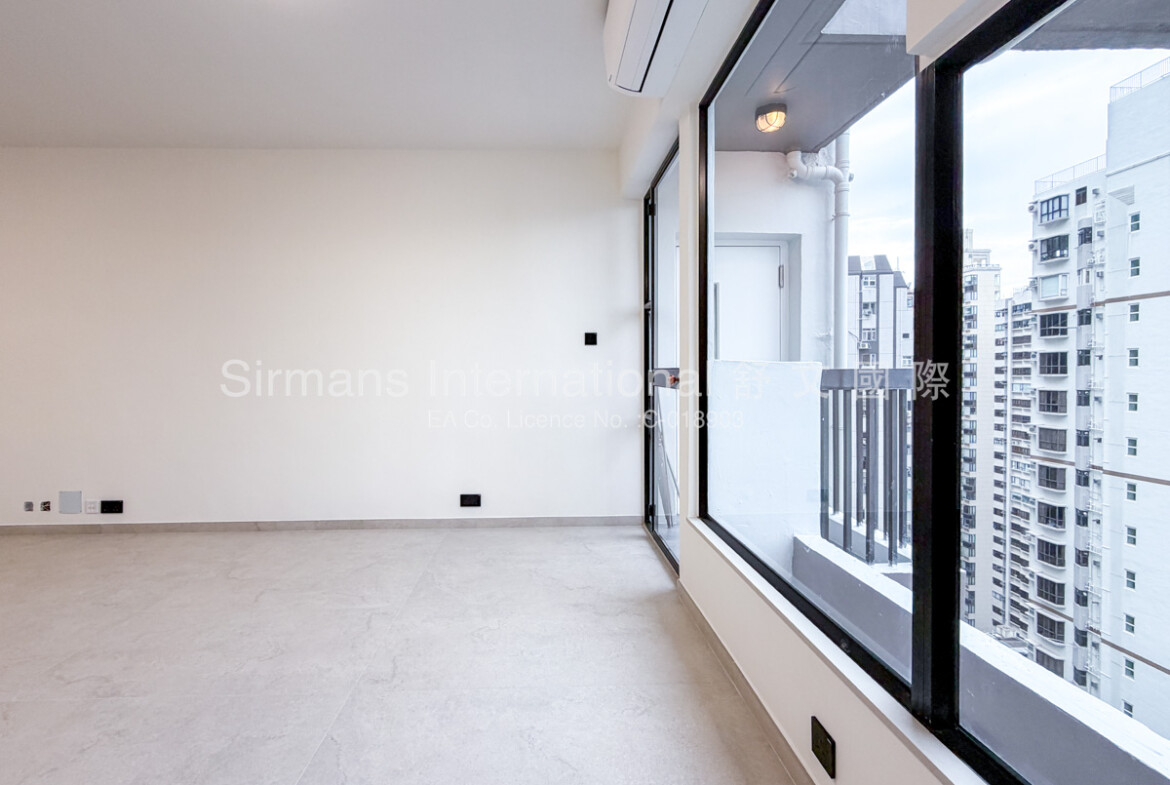 Modern apartment with large windows.