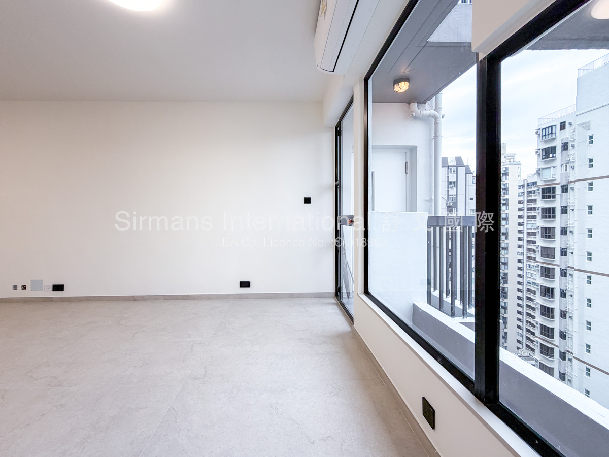 Modern apartment with large windows.